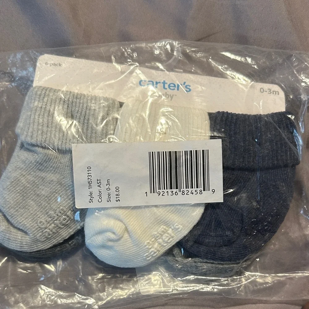 Carter's Baby 6 Pack Neutral Socks - Gray, White, Navy 0-3 m